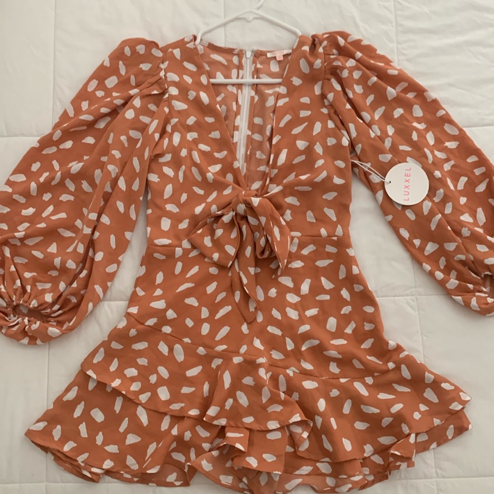 LUXXEL Peach 🍑 and White Ruffled Romper